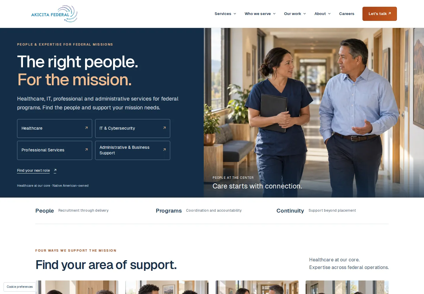 Akicita Federal website showing its federal contracting and healthcare services