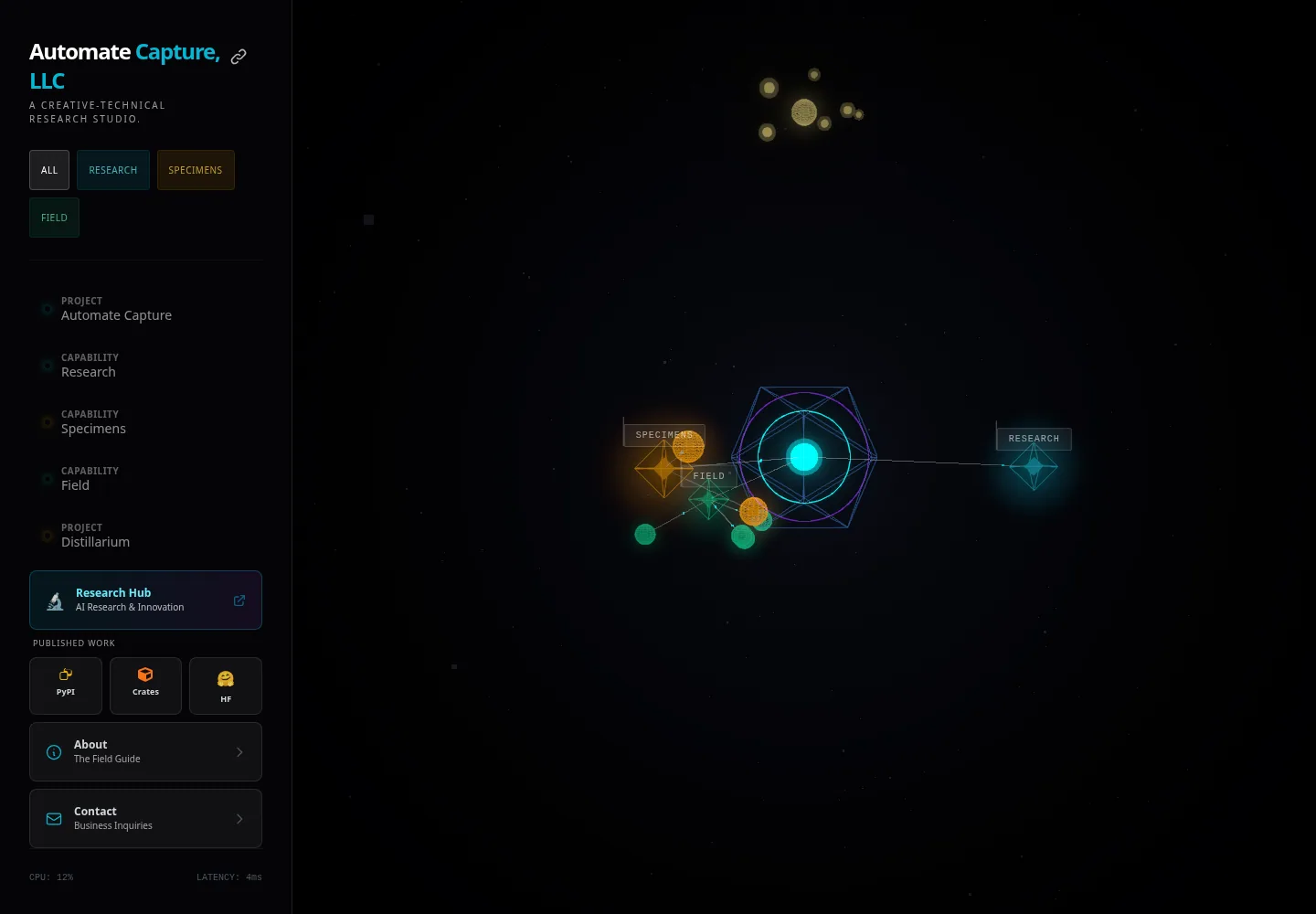 The Galaxy interface with a connected 3D network of Automate Capture projects