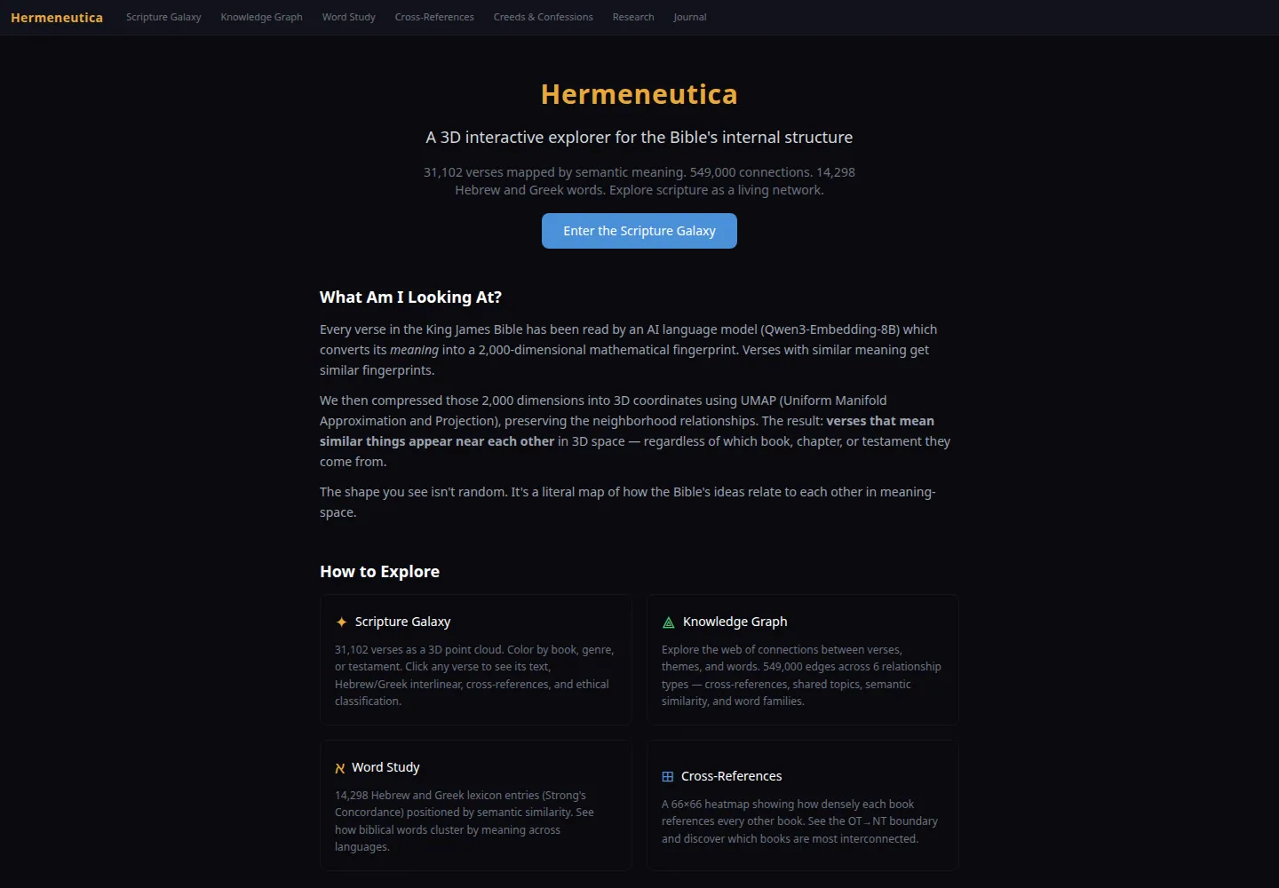 Hermeneutica website introducing its interactive semantic atlas of scripture